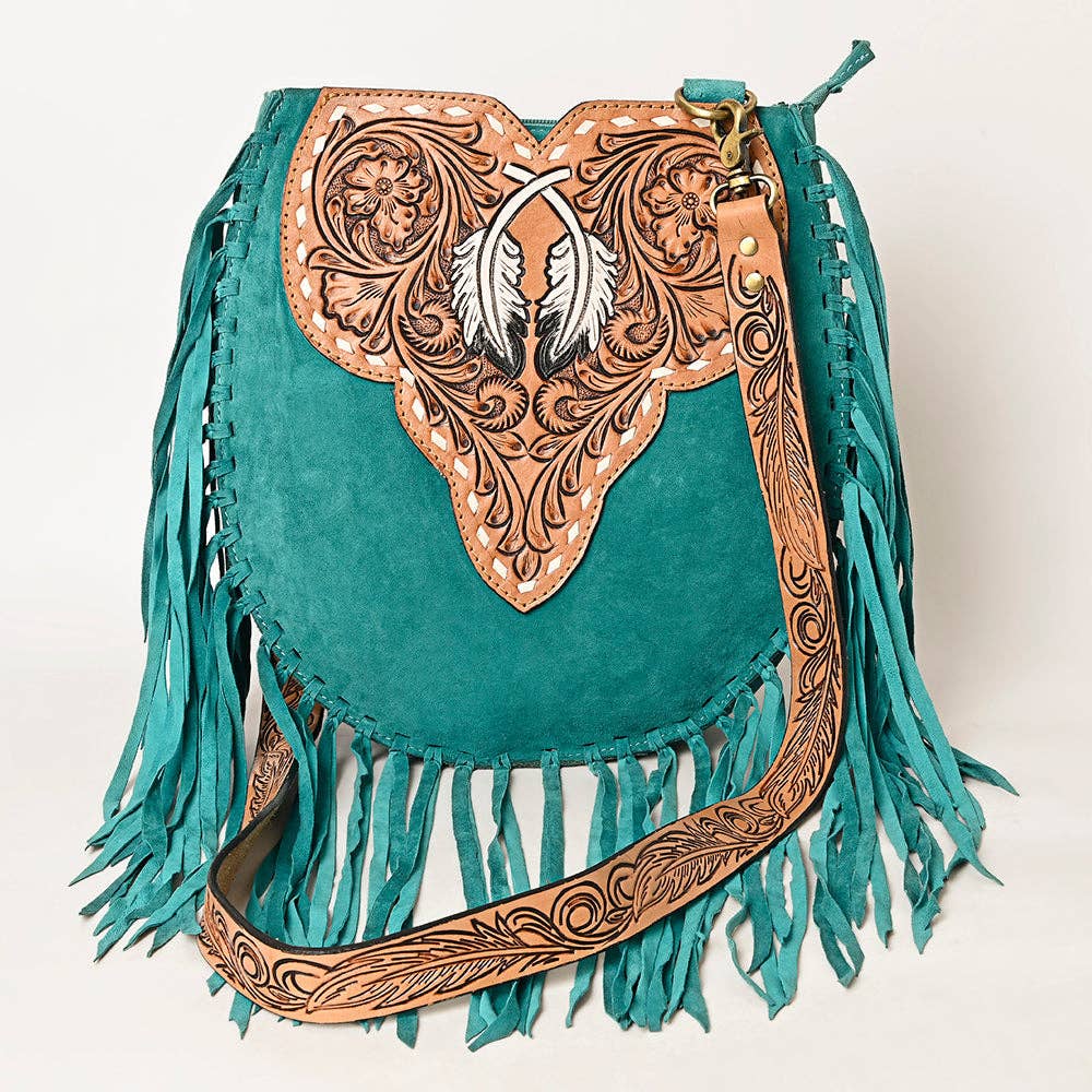 American Darling Western Feather Tooled Leather Large Crossbody Bag with Fringe