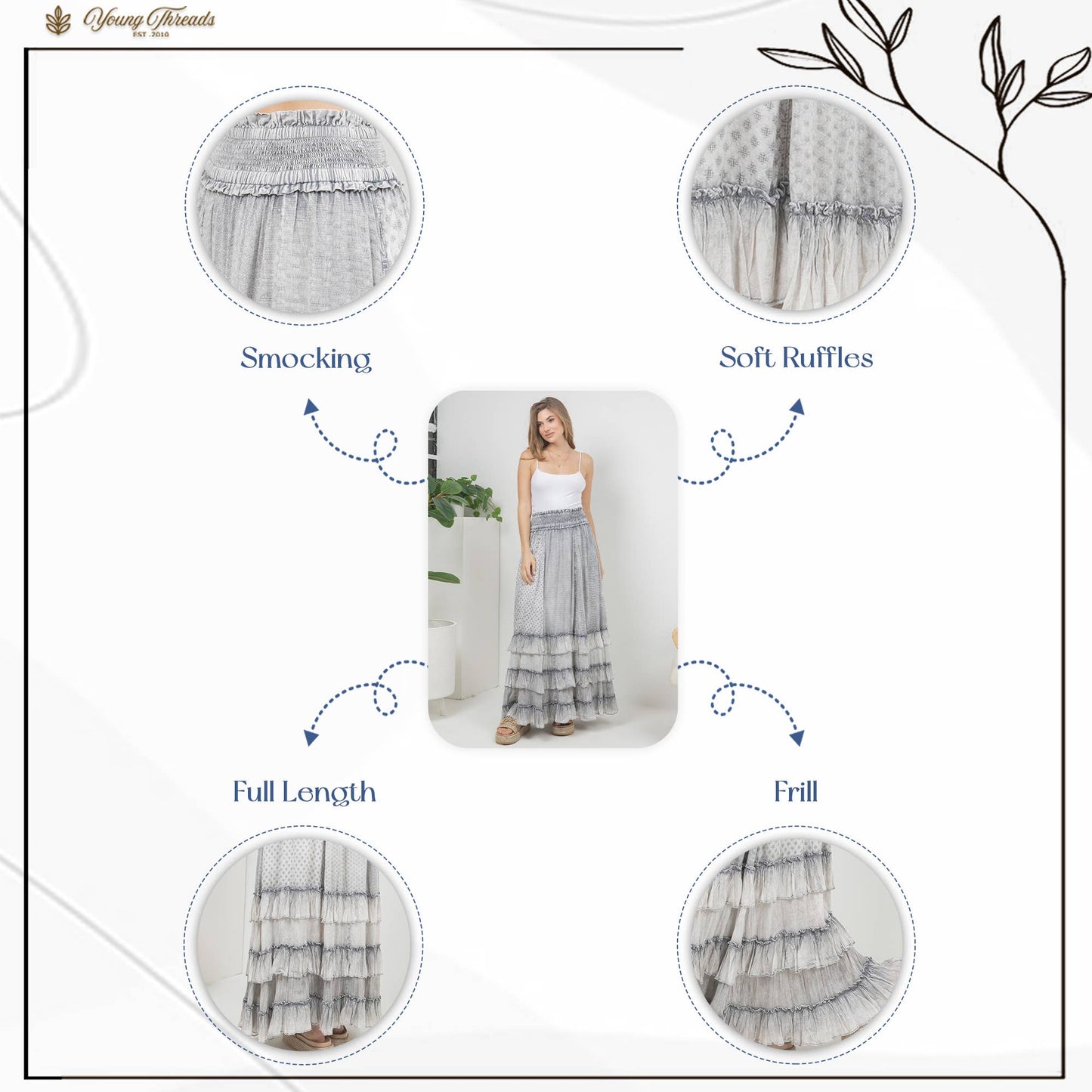 Rustic Textured Smocked Waist Ruffled Tiered Maxi Skirt