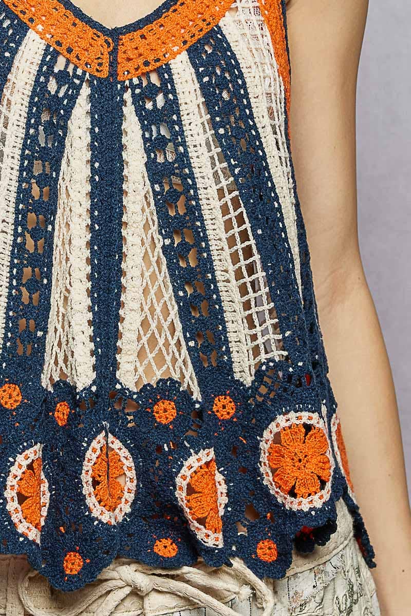V-Neck Sleeveless Scalloped Edge Stripe Border Crochet Top