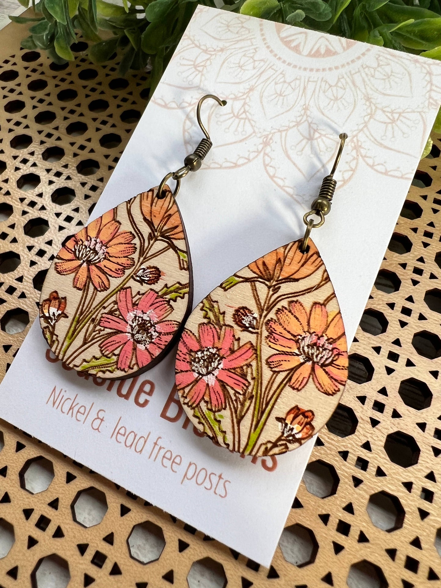 Boho daisy hand painted lightweight wood earrings 