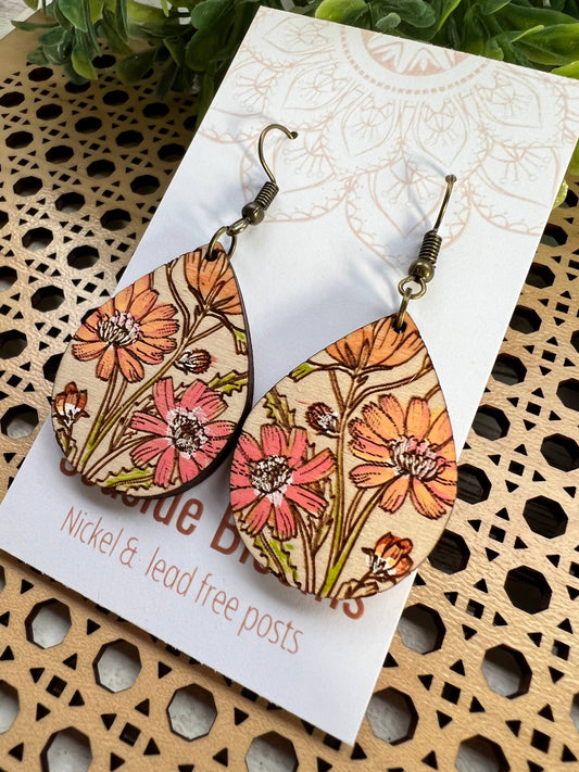 Boho daisy hand painted lightweight wood earrings 