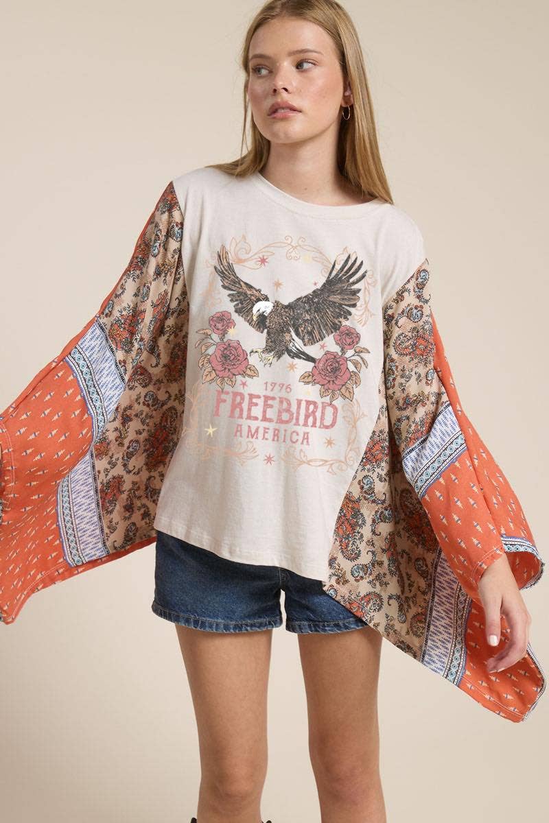 Free Bird America 1776 Graphic Sheer Sleeves Kaftan Top