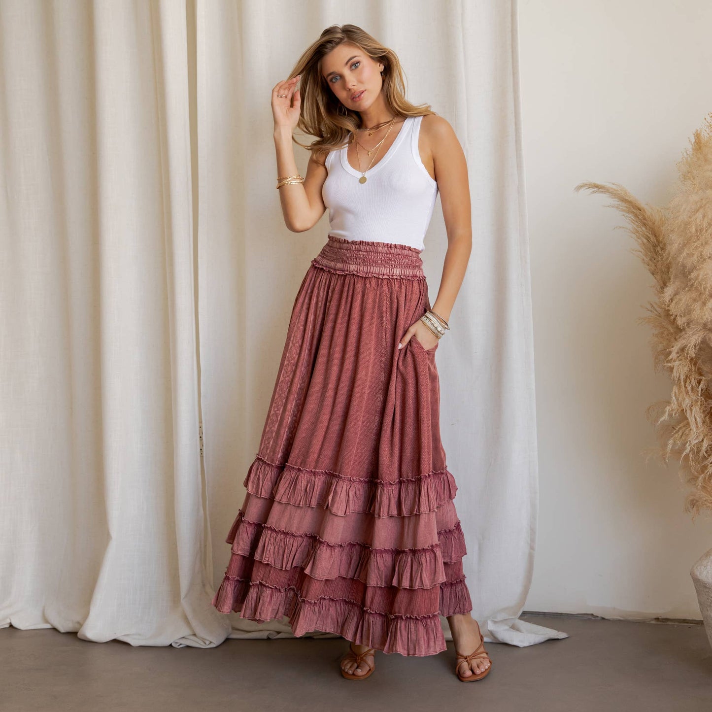 Rustic Textured Smocked Waist Ruffled Tiered Maxi Skirt