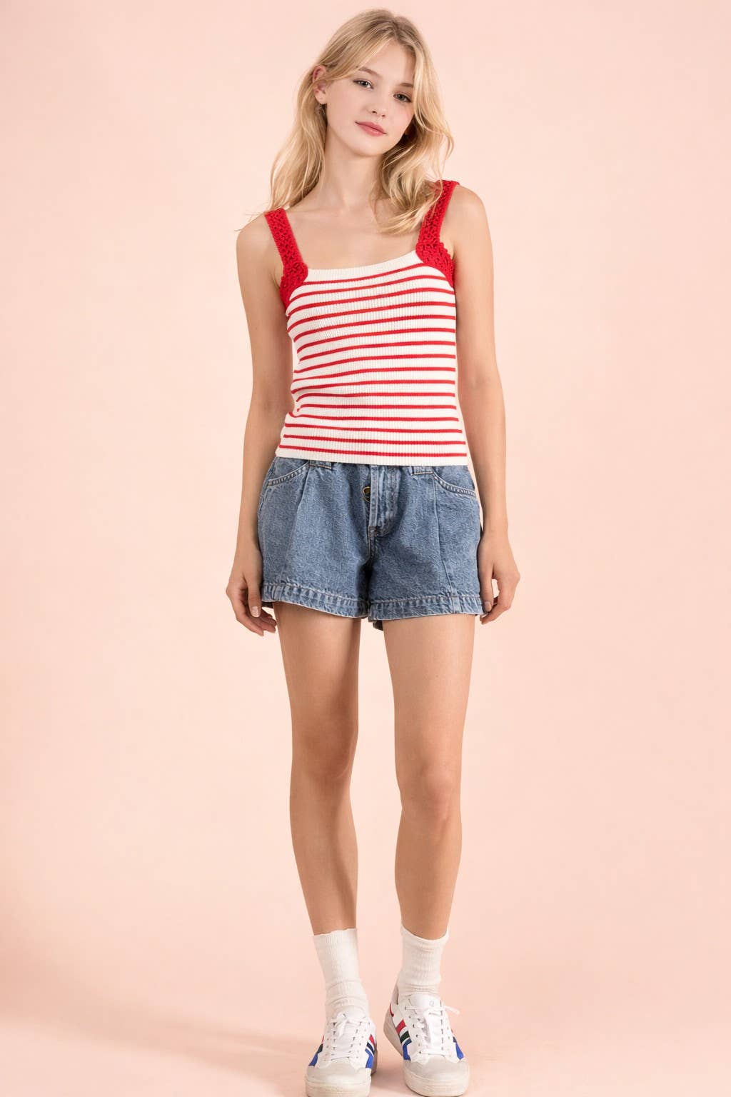 Crochet Sleeve Striped Knit Tank Top