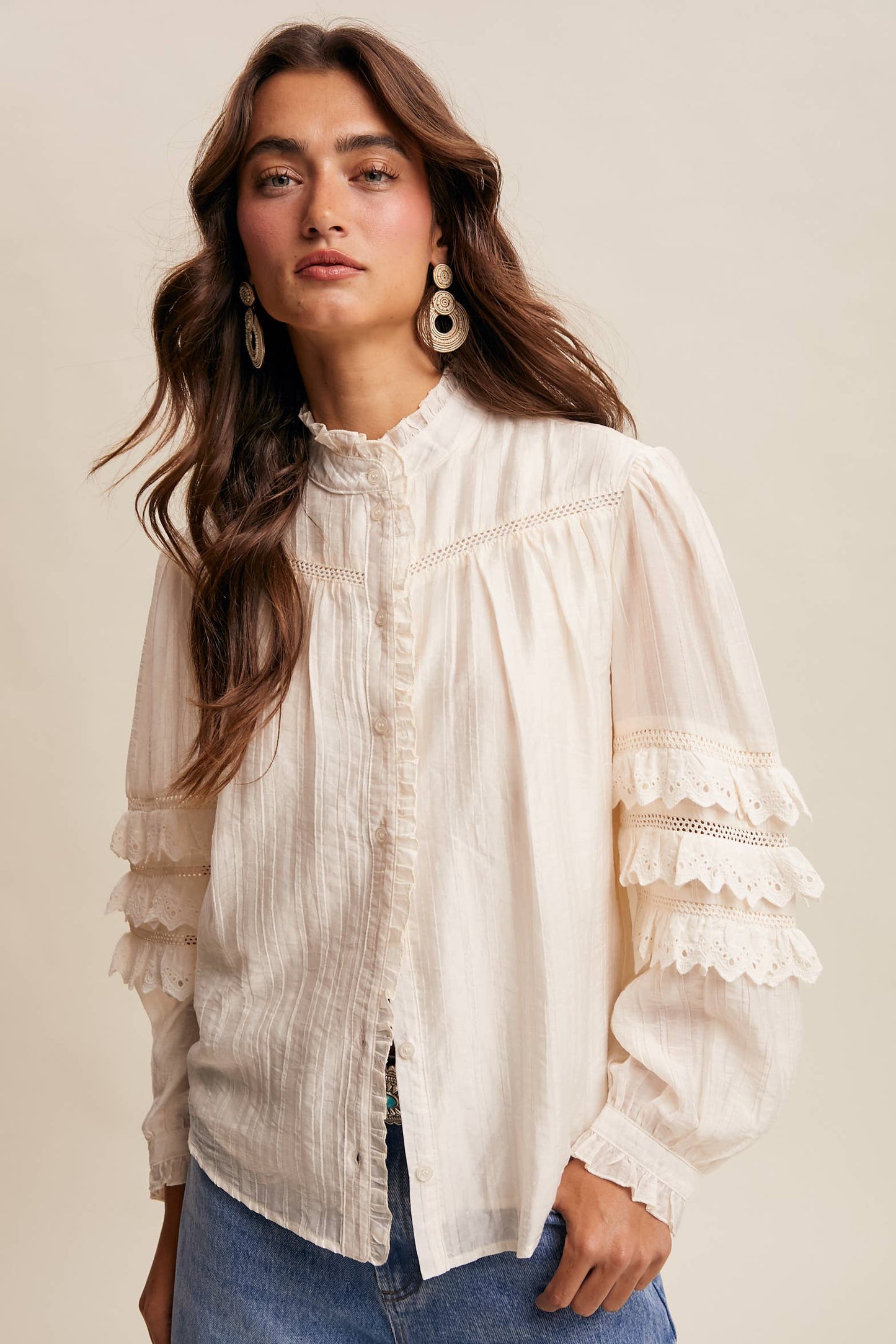 Lace Ruffle Sleeve Pintuck Blouse LT1441
