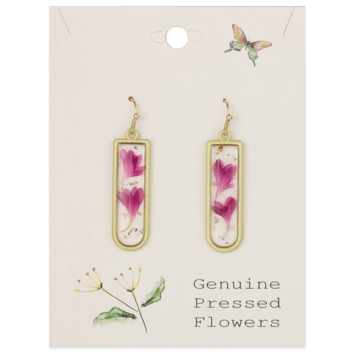 Gold Bar Pink Dried Flower Earrings