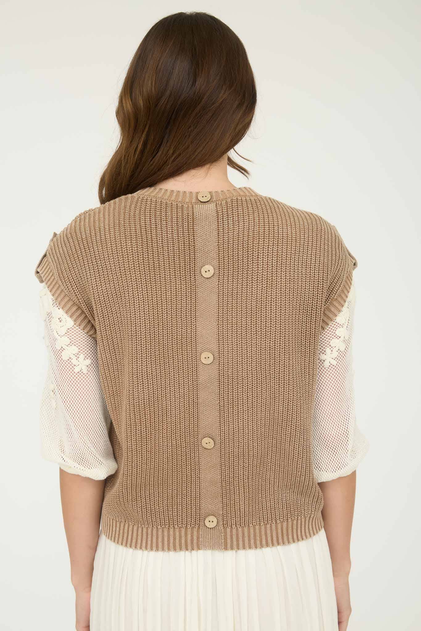 WASHED KNIT SHORT TAB SLEEVE PULLOVER SWEATER