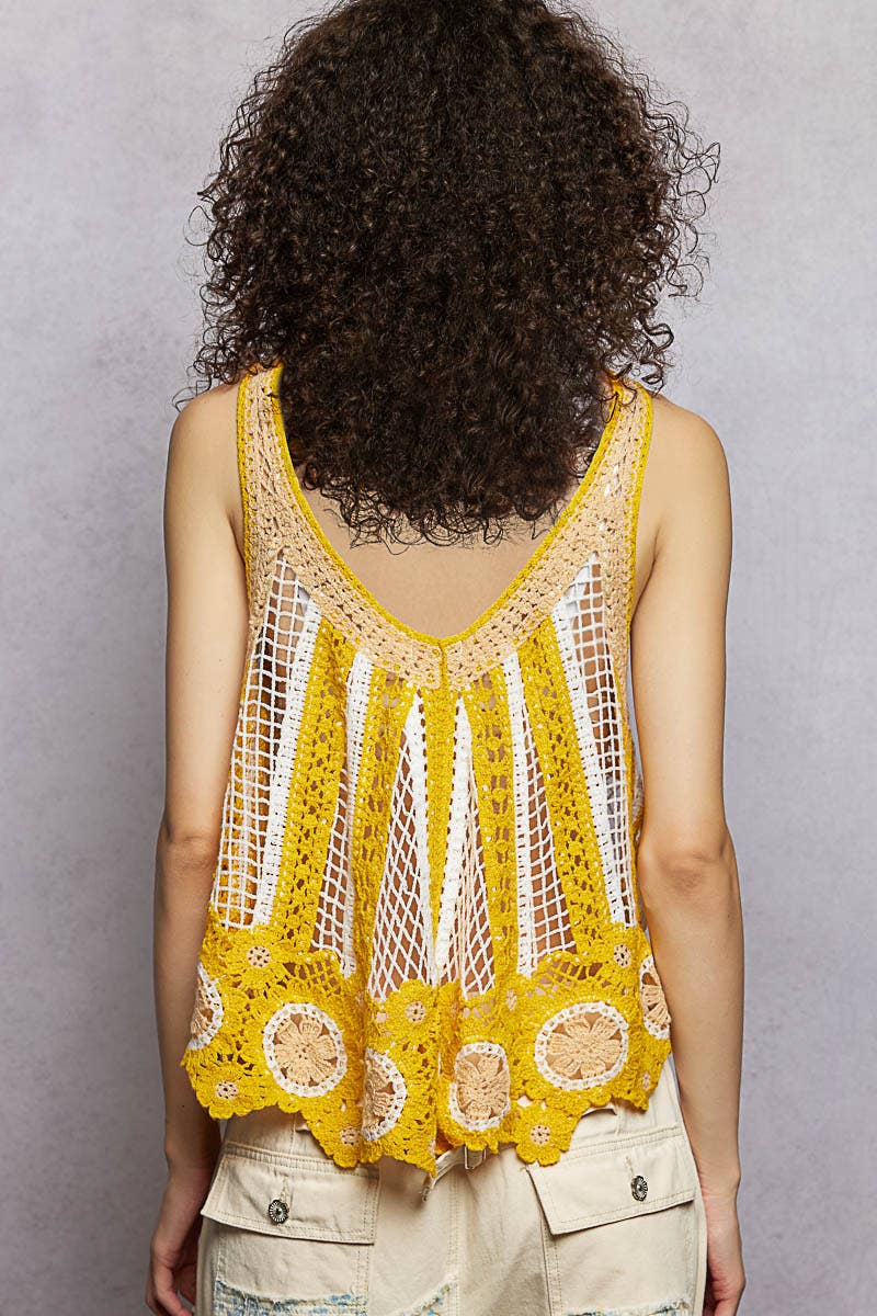 V-Neck Sleeveless Scalloped Edge Stripe Border Crochet Top