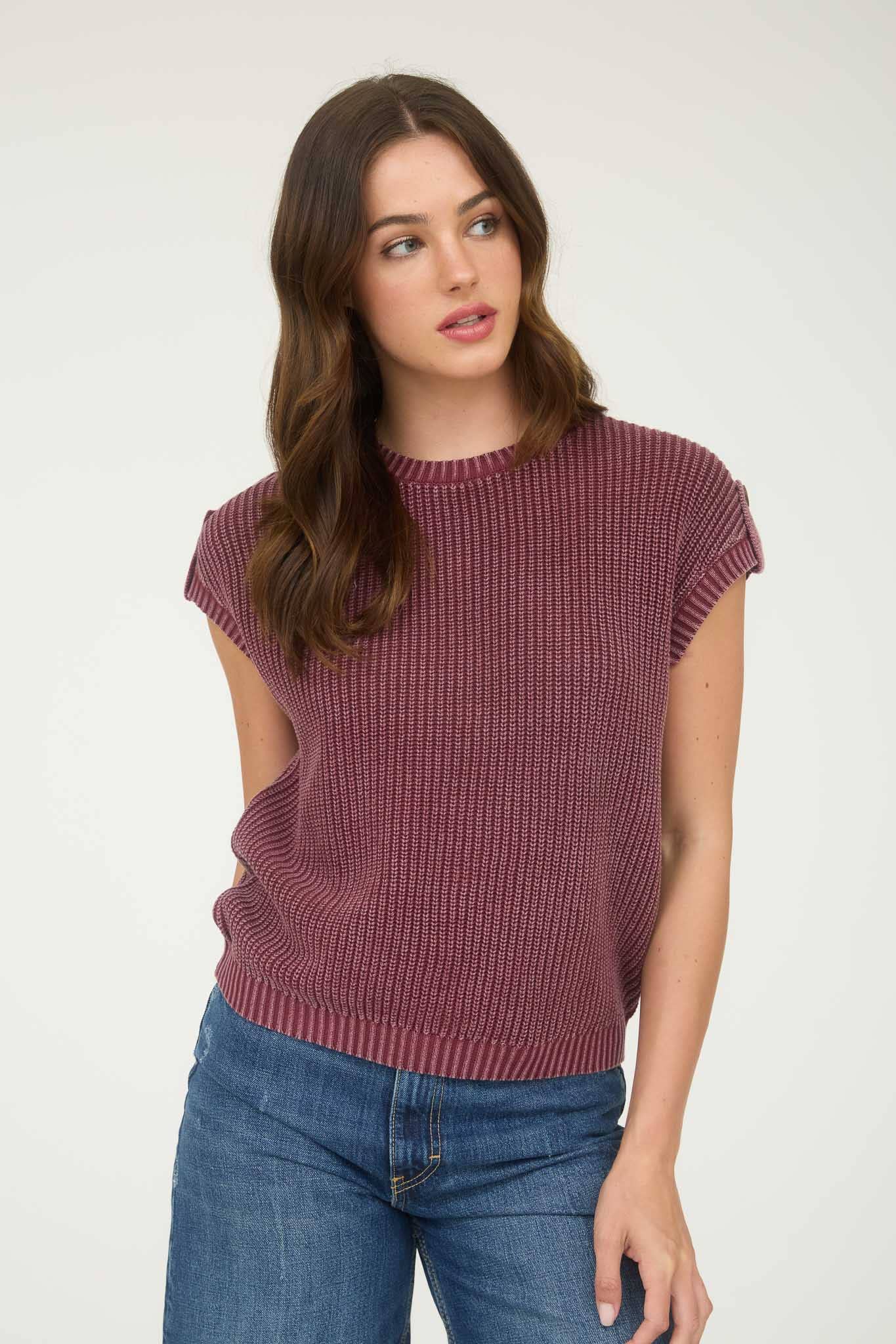 WASHED KNIT SHORT TAB SLEEVE PULLOVER SWEATER