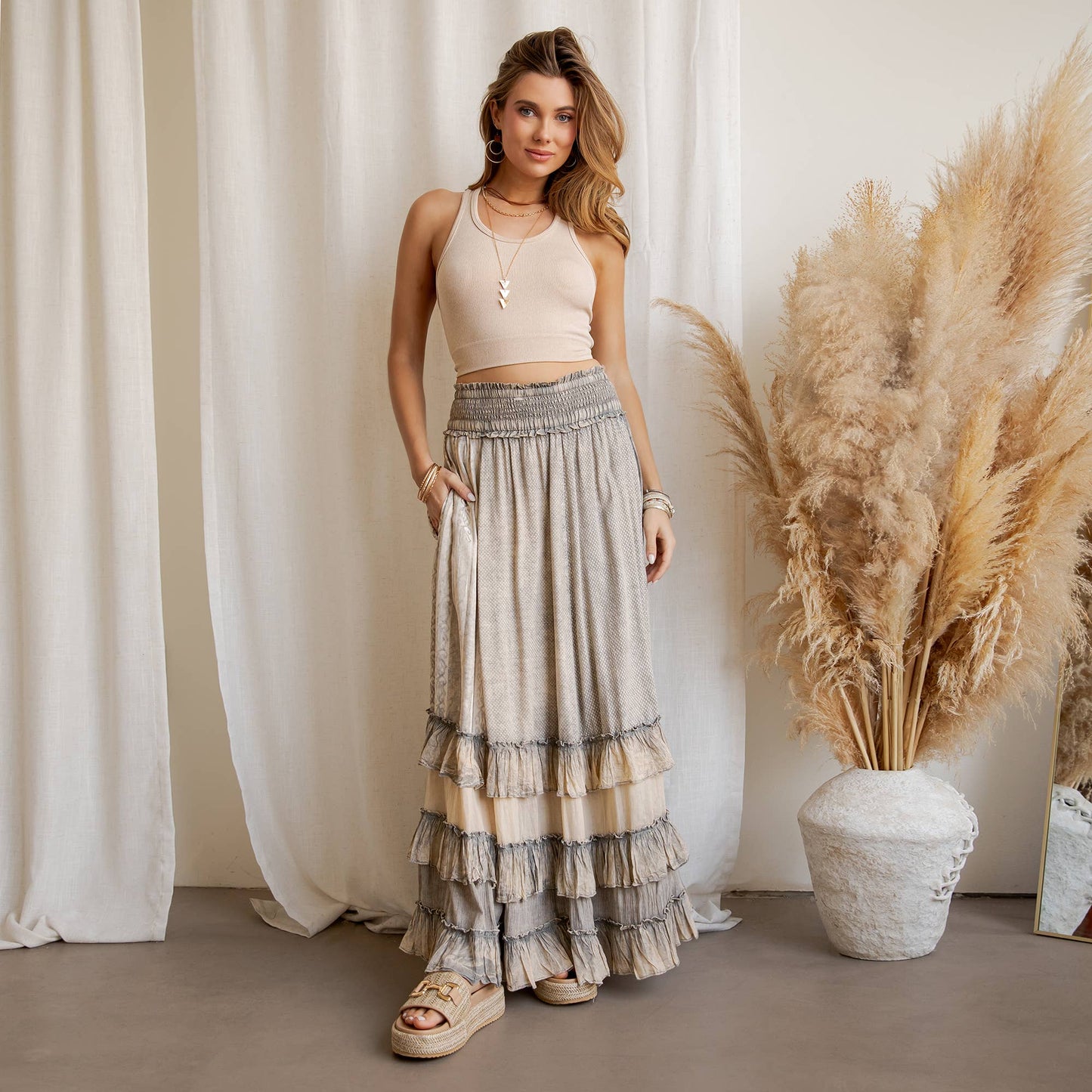 Rustic Textured Smocked Waist Ruffled Tiered Maxi Skirt
