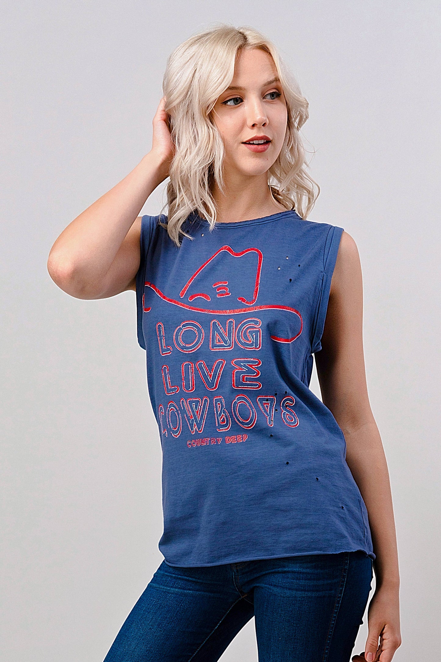 Long Live Cowboy Relaxed Fit distressed  Rolled sleeve Muscle top